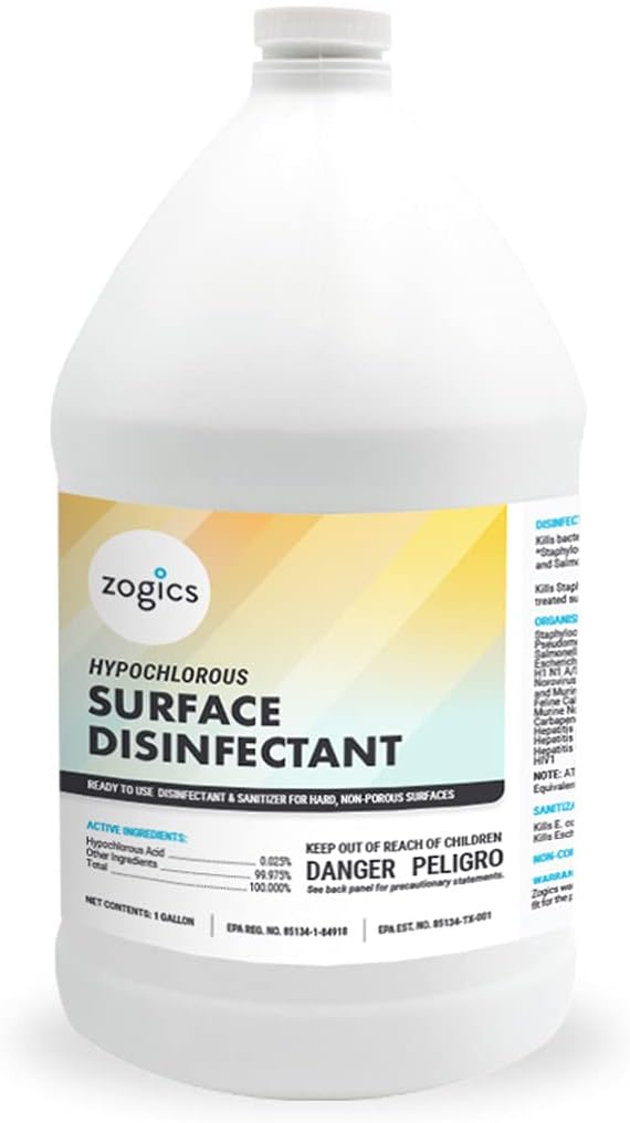 Zogics Hypochlorous Acid Ready-to-Use Disinfectant - EPA-Registered List N - Perfect for ULV &amp Electrostatic Sprayers and Foggers (1 Gallon)