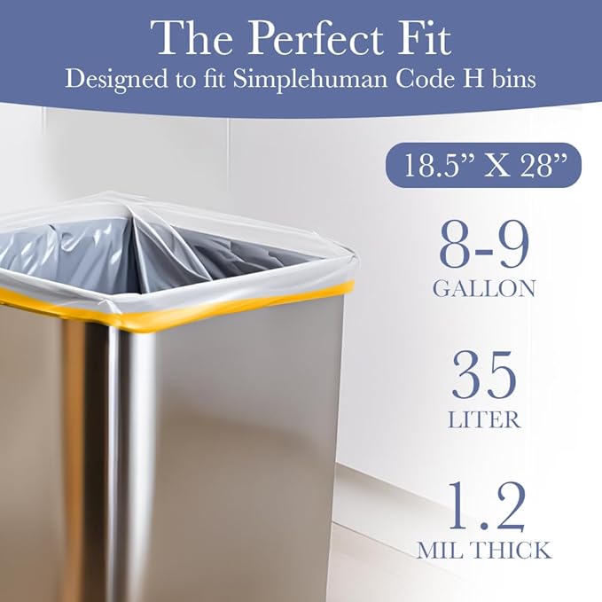 Delight Brands Compatible Trash Bags for Simplehuman Code H Garbage cans - Heavy-Duty 8-9 Gallon Drawstring Liners with 1.2 thickness. Custom fit kitchen waste Bags - 200 count.