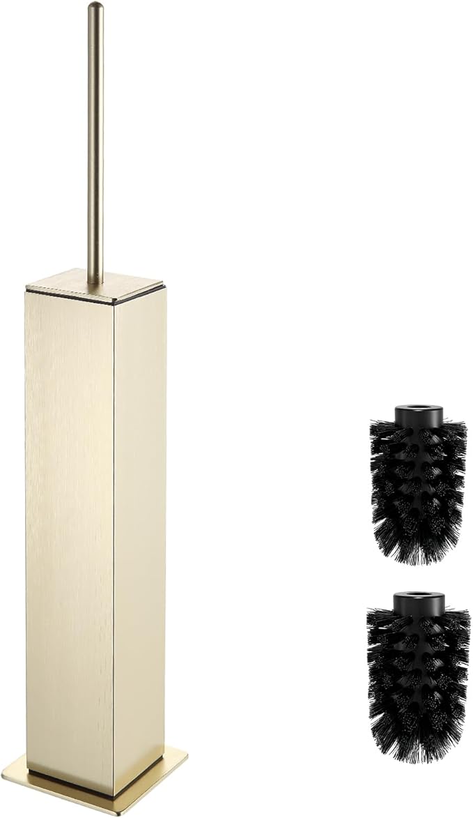 Toilet Brush and Holder Floor Standing Brushed Gold with 2 Replaceable Heads Bathroom Toilet Brush Freestanding Toilet Bowl Brush with Removable Liner and Splash Guard Modern Square Design