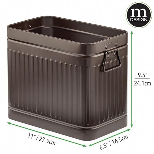 mDesign Decorative Retro Vintage Farmhouse Rectangle Metal Small Trash Can Wastebasket Garbage Container Bin with Handles for Bathrooms Powder Rooms Kitchens - Oscar Collection Bronze