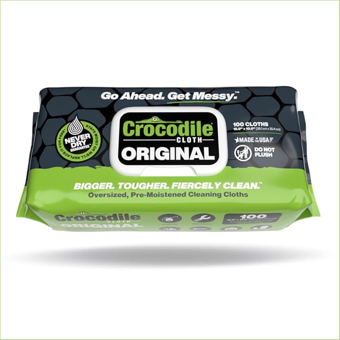 Crocodile Cloth Original Cleaning Wipes 600 Count (6 Packs of 100) – Heavy-Duty 15” x 10” Multi-Surface Shop Wipes Water-Based Safe on Skin Cuts Grease Grime &amp Dirt