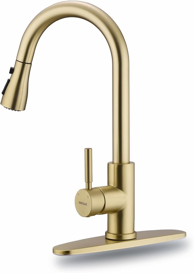 WEWE Gold Kitchen Faucet with Pull Down Sprayer Single Handle Brushed Gold Kitchen Sink Faucets Stainless Steel Brass Copper Commercial RV 1 or 3 Hole Champagne Bronze