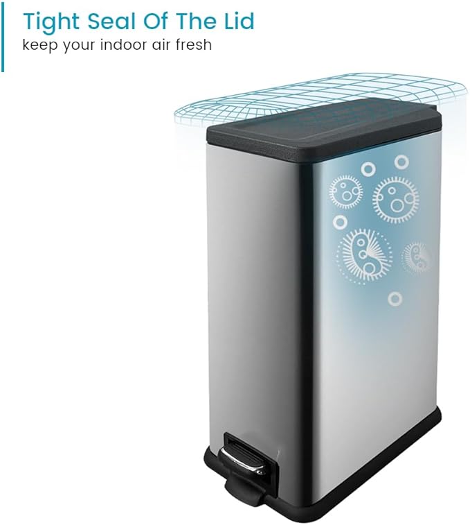 12 Gallon Trash Can with Lid45L Kitchen Garbage CanStainless Steel Trash Can for Narrow Spaces with Soft-Close Lid Inner Bucket and Step-on Pedal