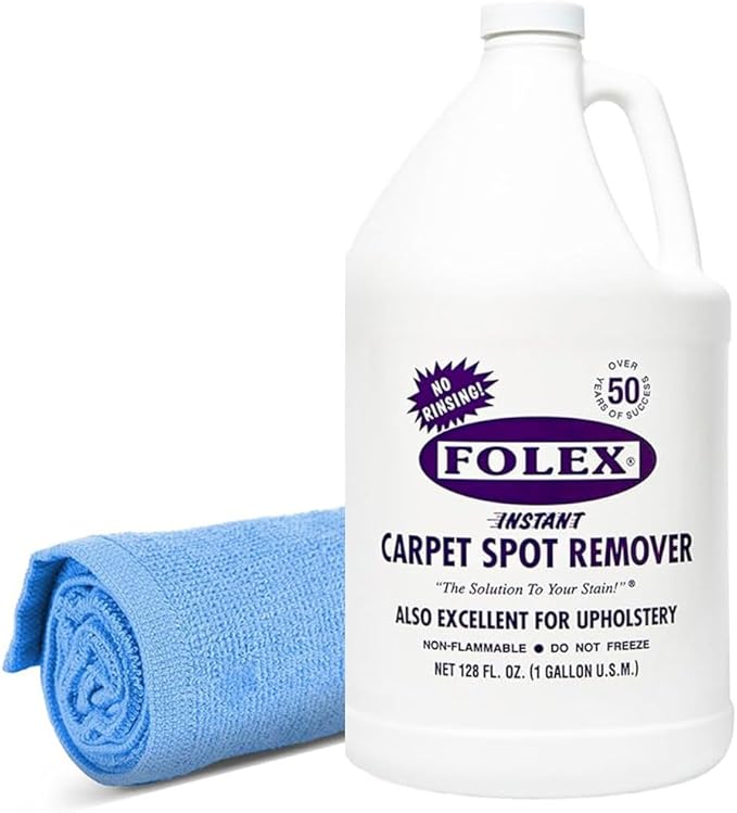 FOLEX Instant Carpet Spot Remover 128 oz - Powerful Stain Remover for Carpets Upholstery &amp Rugs - Eliminates Pet Stains Grease Red Wine Food Makeup &amp More - With Reusable Cleaning Cloth -