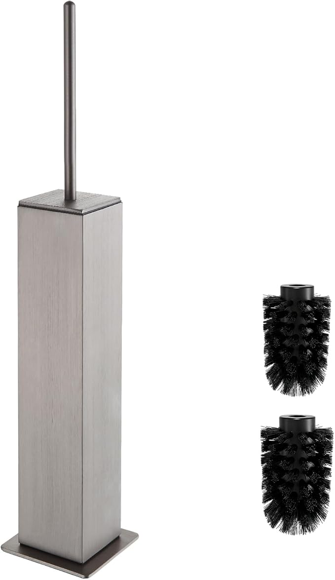 Toilet Brush and Holder Floor Standing Brushed Nickel with 2 Replaceable Heads Freestanding Toilet Bowl Brush with Removable Liner and Splash Guard Modern Square Design