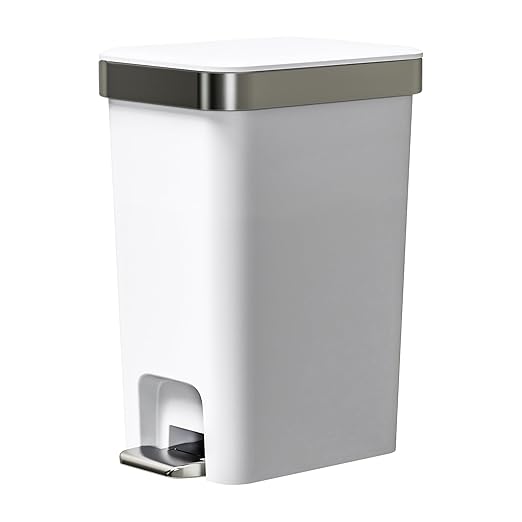 Small Bathroom Trash Can with Lid Soft Close 10 Liter/2.6 Gallon Slim Garbage Can-Metal Step and Press top Lid Mini Modern Waste Basket for Toilet Office BedroomDormGrayish-White