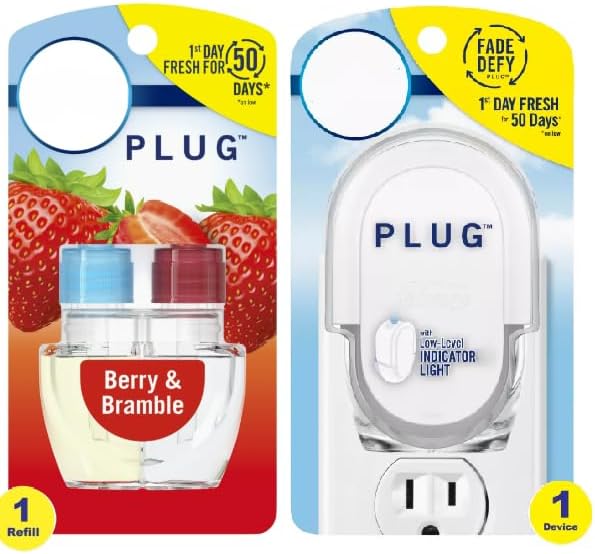 F.e.b.r.e.z.e Odor-Fighting Fade Defy Plug Air Freshener (1 Refill) of 0.87 Fl Oz + Starter Kit (Berry &amp Bramble)