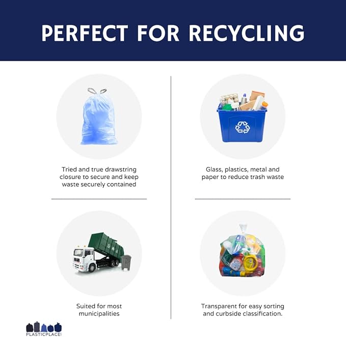 Plasticplace Custom Fit Trash Bags Compatible with simplehuman Code V (200 Count) Tinted Blue Drawstring Garbage Liners 4.2-4.8 Gallon 14.5 x 28