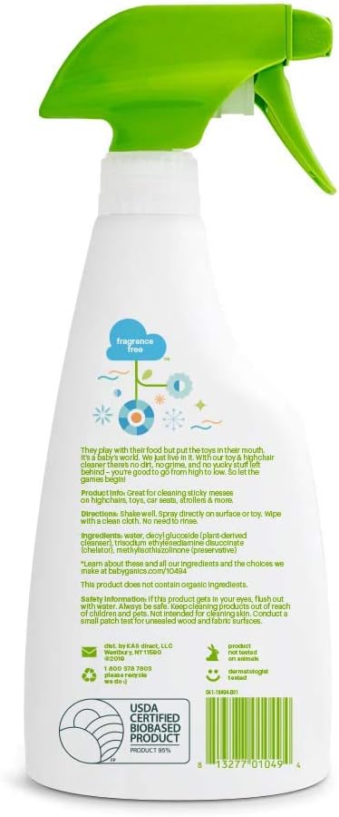 Babyganics Toy &amp Highchair Cleaner Spray Fragrance Free 17oz Spray Bottle Made without ammonia bleach phosphates phthalates or dyes Pack of 2.