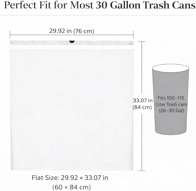 30 Gallon Drawstring Trash Bags 50 Count 1.3 Mil Extra Strong White Large Garbage Bags Unscented Trash Liners for Kitchen Office &amp Everyday Yard Cleanup Fits 100-115L Cans