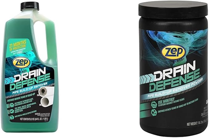 Zep Drain Defense Pipe Build-Up Remover - 64 Ounces - ZLDC648 &amp Drain Defense Enzymatic Drain Cleaner Powder - 18 Ounces - ZDC16 - Safe for Pipes