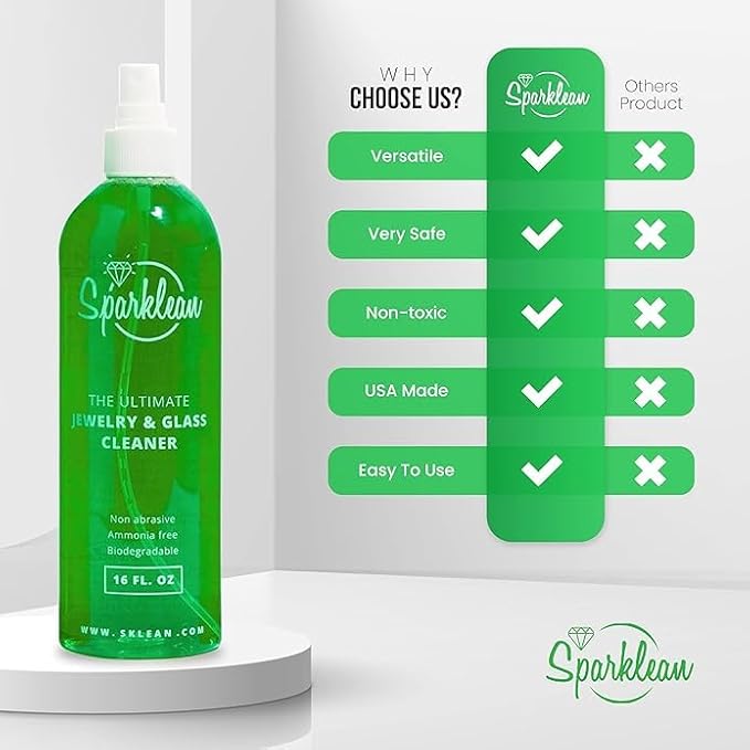 SPARKLEAN Jewelry &amp Glass Cleaner Spray (8 Oz) - Biodegradable Ammonia-Free Solution for Gold Silver &amp Diamond Rings - Safe for All Metals &amp Gemstones - Eco-Friendly - Everyday Size