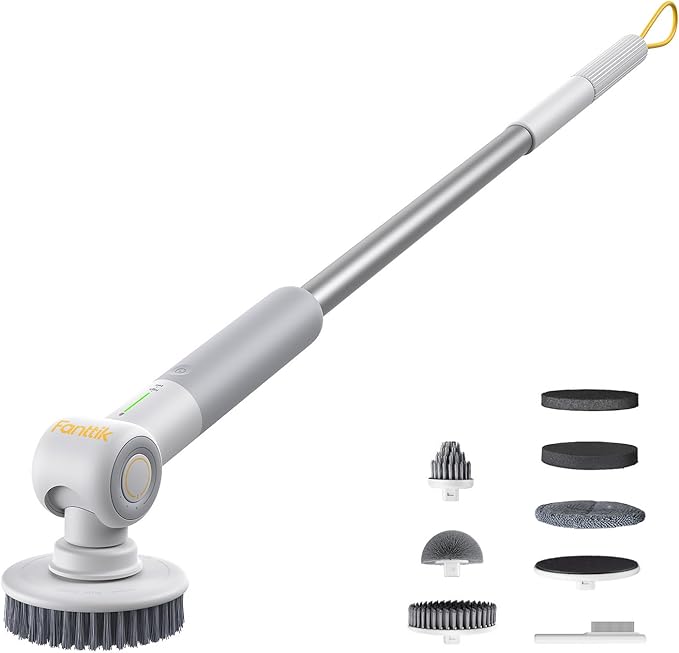 Fanttik Flip G9 Pro Electric Scrubber VoltiPulse Motor Dual-Speed Cleaner with 6 Brush Heads Adjustable Angle &amp Extendable Handle IPX7 Waterproof Type-C Charge for Bathroom Tile Grout - Whi
