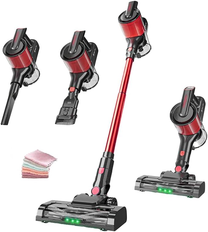 Hearten Cordless Stick Vacuum Lightweight Cleaner 45 Mins Runtime for Home Pet Hair Carpet Hardwood (RED Normal)
