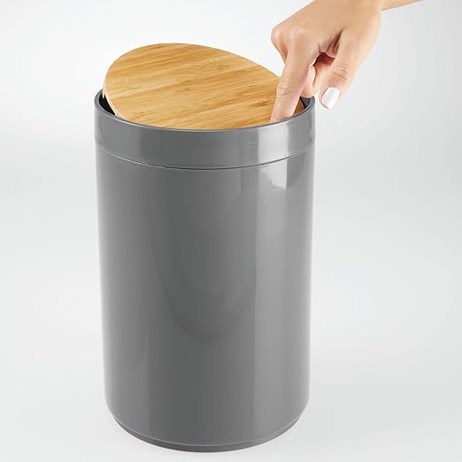 mDesign Plastic Round Trash Can Small Wastebasket - Garbage Bin Container with Swing-Close Lid - Bathroom Garbage Basket - Holds Waste Recycling - 1.3 Gallon - Basa Collection - Charcoal Gray/Natural