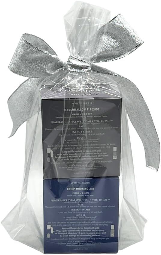 Bath &amp Body Works Wallflowers Refills Autumn Fragrance 4-Bulb Bundle – Marshmallow Fireside &amp Crisp Morning Air Gift Set with 30-Inch Metallic Silver Ribbon Bow – 2-Pack Each Box