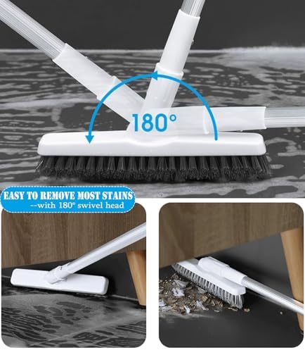 V Shape Grout Brush with Long Handle - 51 Stiff Bristle Floor Scrubber for Bathroom Shower Tile Patio Garage Kitchen Wall &amp Deck Cleaning (Off White)