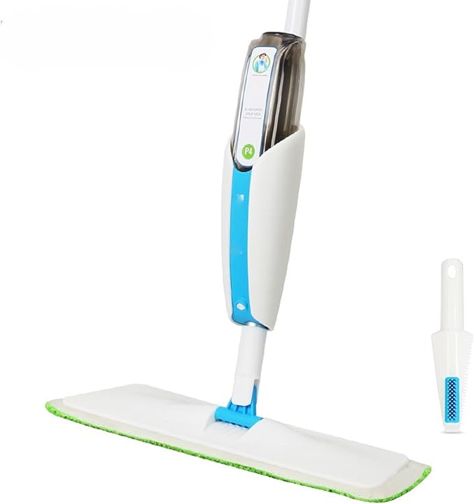 Washable Spray Mop with Reusable Bottle 360° Rotating Microfiber Floor Mop with 10.1oz Spray Bottle and 3 Extra Pads for Hardwood Laminate Tile Vinyl Floors Plastic Steel Blue