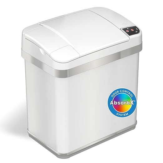 iTouchless 2.5 Gallon Sensor Bathroom Trash Can with AbsorbX Odor Filter and Air Freshener Pearl White Waste Bin for Restroom Bedroom and Office
