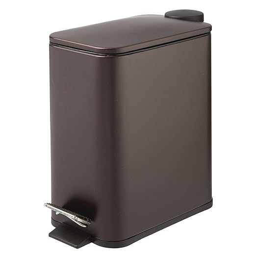 mDesign Rectangular Pedal Bin – 5 L Metal Waste Bin with Pedal Lid and Plastic Bucket Insert – Household Rubbish Bin for Bathroom Kitchen and Office – Bronze