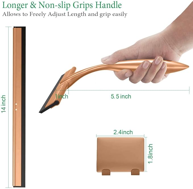 OPERNEE Shower Squeegee with Self Adhesive Hook 14 Inches Stainless Steel Squeegee Cleaner All-Purpose Window Scraper for Bathroom Doors Mirror Windows and Car Glass Rose Gold