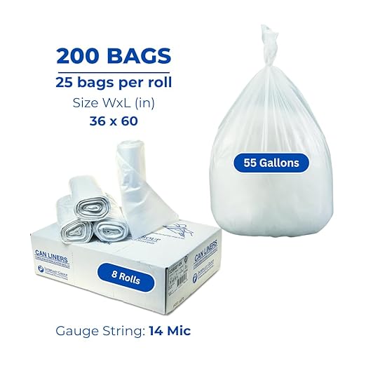 Inteplast Group S366017N 55 Gallon Capacity 60 Length x 36 Width x 17 Mic Thickness Natural Color HDPE Commercial Coreless Institutional Trash Can Liner (Case of 8 Roll 25 Bags per Roll)