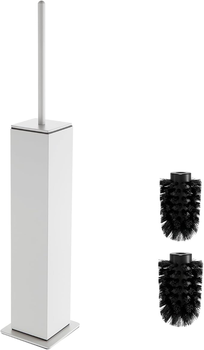 Toilet Brush and Holder Floor Standing White with 2 Replaceable Heads Bathroom Toilet Brush Freestanding Toilet Bowl Brush with Removable Liner and Splash Guard Modern Square Design