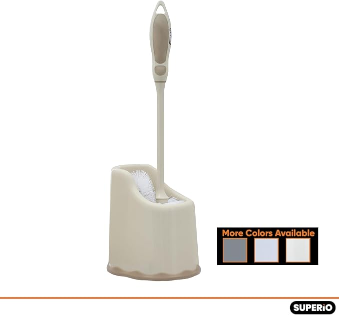 Superio Toilet Bowl Brush and Holder with Under Rim Cleaner for Bathroom Toilet Brush and Caddy with Non Scratch Bristles and Under Rim Lip Brush Beige (2 Pack)