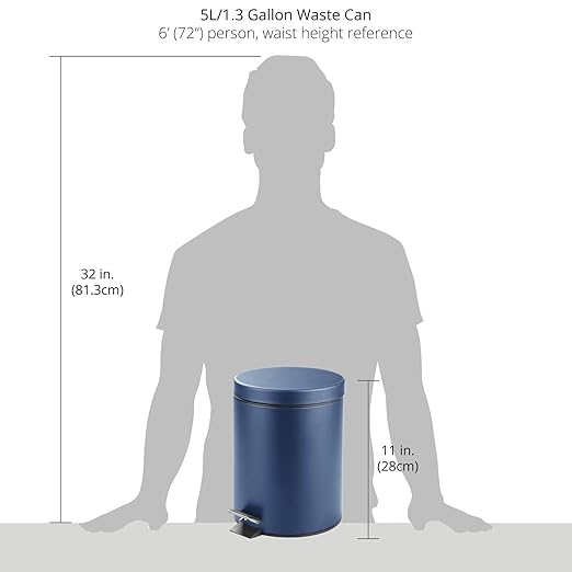 mDesign Pedal Bin — Metal Waste Bin with Pedal Lid and Plastic Bucket Insert — for Bathroom Kitchen and Office — 5 Litre Household Rubbish Bin with Ergonomic Design — Blue