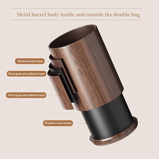 8L/2.1GAL Dark Brown Modern Metal Waste Bin with Realistic Wood TextureBuilt-in Bag HolderOffice Trash CanOpen-Top Trash Binfor BathroomHomeOfficeLiving Room (2.1gal Round)