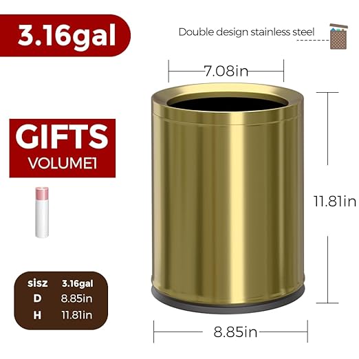 12L/3Gal Antique Brass Bathroom Trash CanBrushed Brass Garbage canSmall Gold Wastebasket for OfficeHotelrestuarantBankBathroomBedroom (Gold 12)