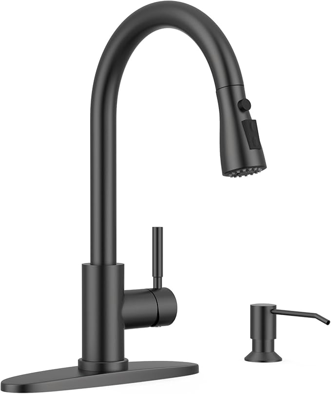 WEWE Kitchen Faucet with Soap Dispenser and Pull Down Sprayer RV Single Handle Classic 3 Modes Stainless Steel Faucet for Kitchen Sink RV Matte Black
