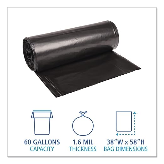 Boardwalk 523 Super Extra-Heavy Repro Can Liner 38x58 1.6 Mil 60gal Blk 10 Bags per Roll (Case of 10 Rolls)