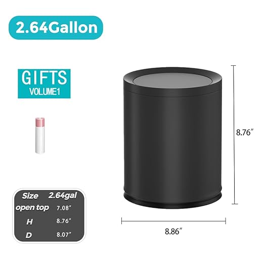 2.6 Gallon/10L Modern Metal Bathroom Trash Can with LidLight LuxuryElegant Waste BasketBlack Garbage Canfor BathroomBedroomLiving Room KitchenOfficeBank (10L-Black)