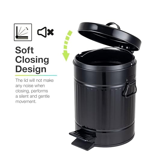 Bathroom Trash Can with Lid Small Waste Basket for Home Bedroom Retro Step Garbage Can with Soft Close Vintage Office Trash Can 5 Liter/ 1.3 Gallon Glossy Black