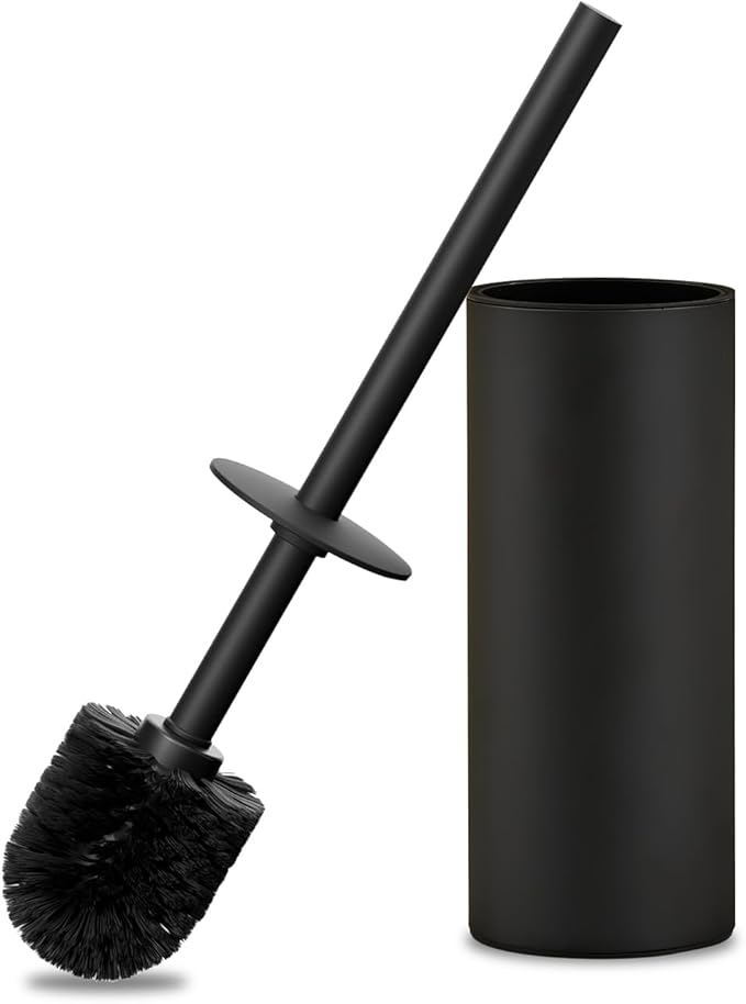 304 Stainless Steel Toilet Bowl Brush and Holder Set Circular Floor Toilet Brush Holder Long Handle Bathroom Heavy-Duty Cleaner High-End Cylinder Wall2 Brush Head (Black) YIGUANXIN