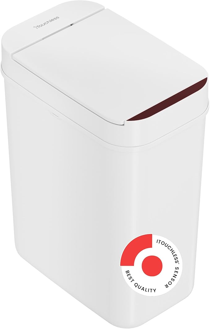 iTouchless 3 Gallon Sensor Bathroom Trash Can 10 Liter Small Touchless Automatic Slim Garbage Bin with Lid Narrow Smart Motion Control Commercial Waste Basket for Bedroom Office White