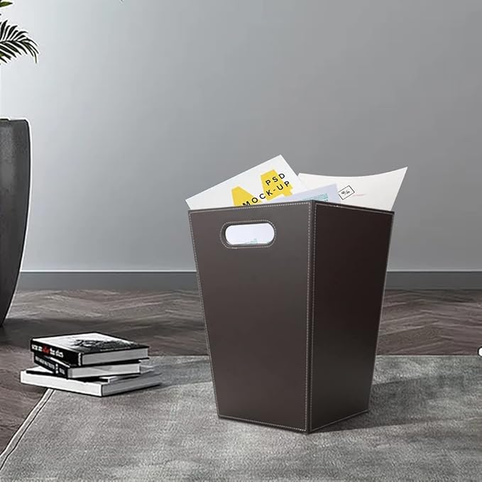 KINGFOM Classic Pu Leather Trash Can Wastebasket Garbage Container Bin with Handles for Bathrooms Powder Rooms Kitchens Home Office and and High Class Hotel Square Brown