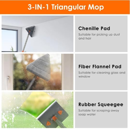 2 in 1 Baseboard Cleaner Mop with Squeegee Extendable Long Handle 8 Reusable Fiber Flannel Chenille Mop Pads 360° Rotatable Convex Design for Wall Ceiling Window