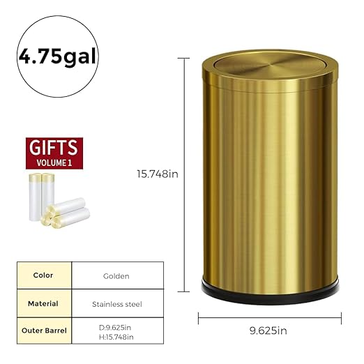 18L/4.7GAL Gold Bathroom Trash Can with LidBrass Garbage Can with Flipping LidBrushed Stainless Steel for BedroomLiving RoomOfficeGuest Room (4.7gal-Gold)