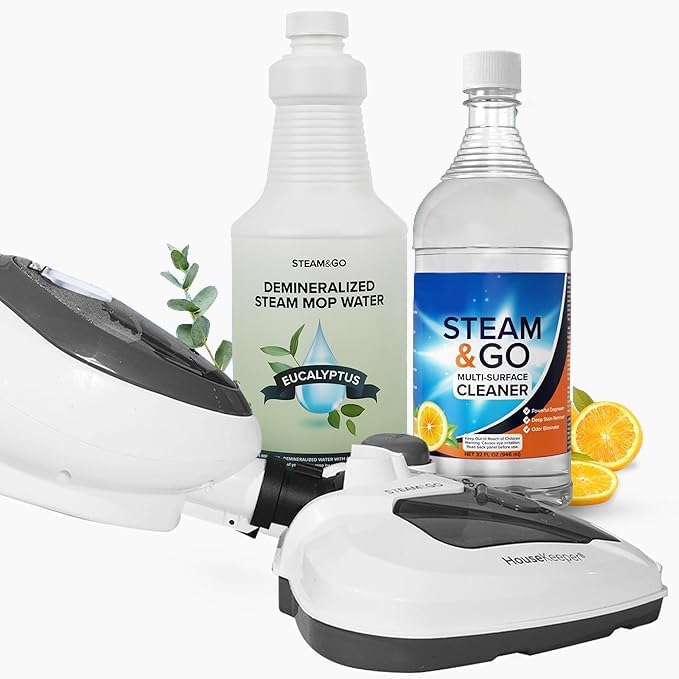 Steam and Go The Housekeeper 10-in-1 Steam Cleaner Demineralized Water 32oz &amp Multi-Purpose Cleaner 32oz Bundle - Cleans Floors Carpet Upholstery &amp Surface - Eucalyptus Mint Scent - Odor El