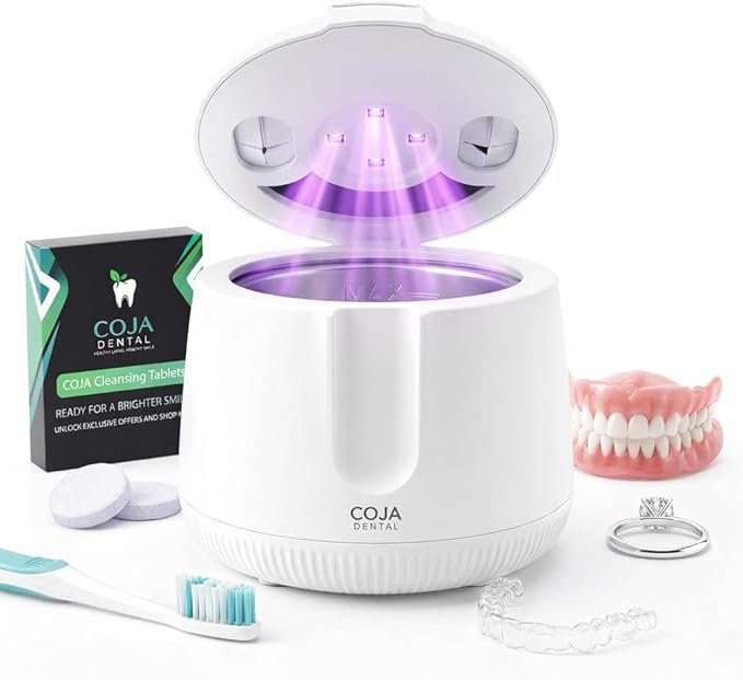Retainer Cleaner Machine Pod PRO | 48kHz Ultrasonic Dental Pod for Mouthguard Dentures &amp Aligners | UV Light | 3 Cleaning Modes | Tablets Included