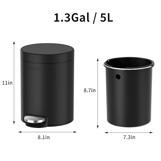 mVm Bathroom Trash Can1.3 Gallon/5 Lliter Small Trash Can with Lid and Foot PedalSoft-CloseAnti-Fingerprin.Step Round Stainless Steel Garbage Can for BathroomBedroomOfficeLiving Room(Black)