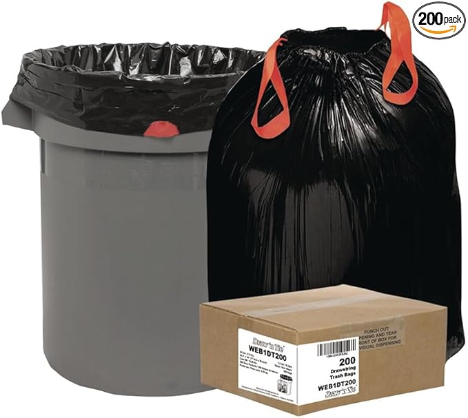 Draw 'n Tie 1518606 30.5 in. x 33 in. 30 Gallon 1.2 mil Heavy-Duty Trash Bags - Black (200/Box)