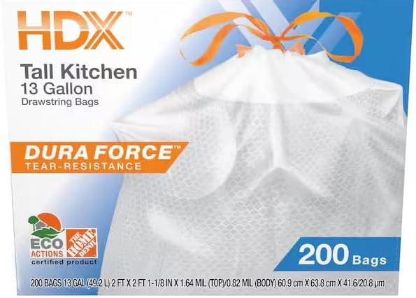 13 Gallon Reinforced Top Drawstring Unscented Kitchen Tall Trash Bags with 20% PCR (200-Count)