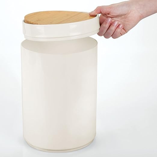 mDesign Plastic Round Trash Can Small Wastebasket - Garbage Bin Container with Swing-Close Lid - Bathroom Garbage Basket - Holds Waste Recycling - 1.3 Gallon - Basa Collection - Cream/Beige/Natural