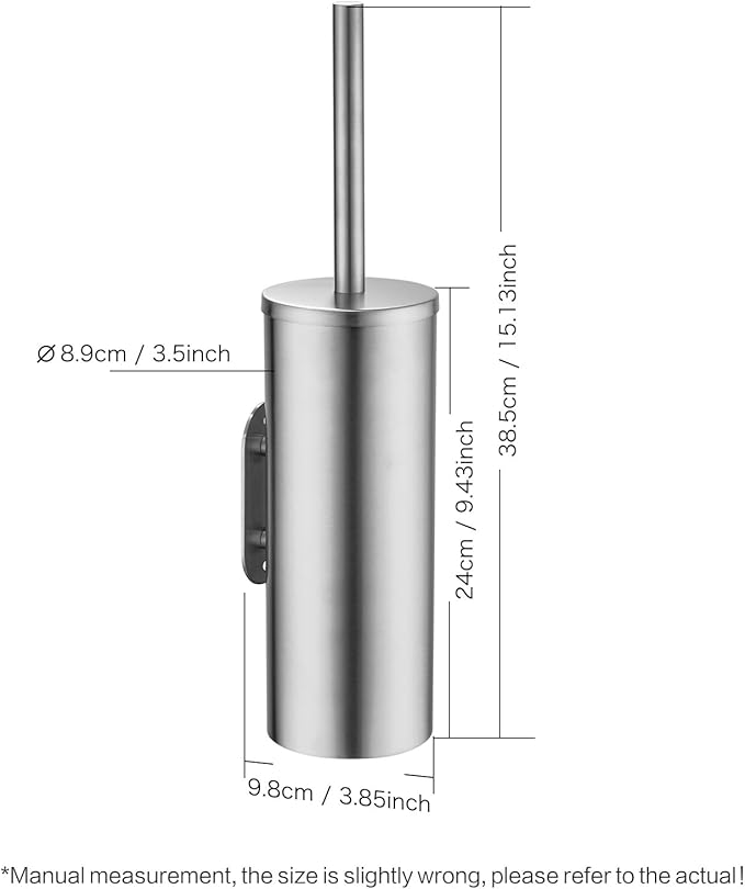 Brushed Stainless Steel Toilet Brush and Cover No-Punch Hook Base Dual Purpose Toilet Brush Holder with Removable Inner Bucket and Splash Cover - Soft Bristles (Brushed)