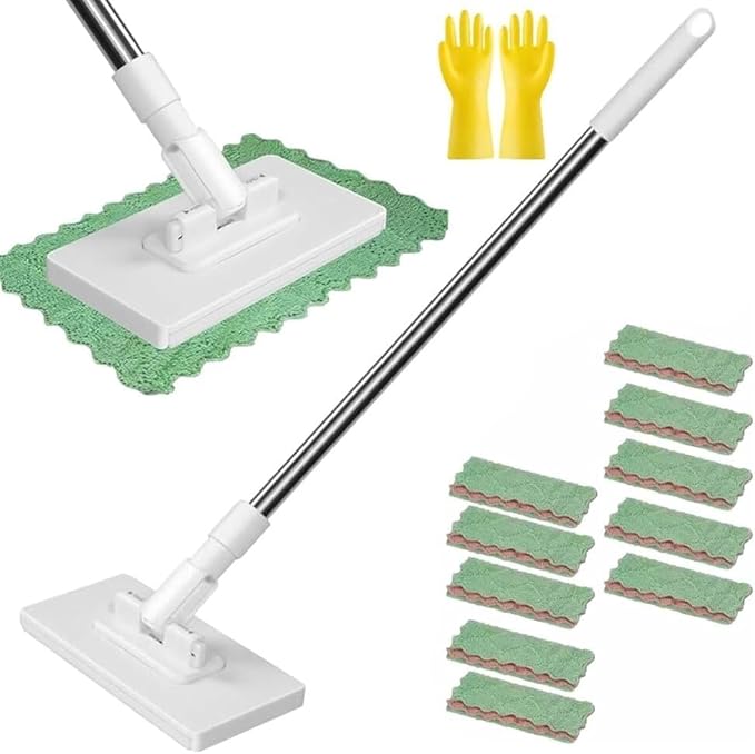 Disposable Dust Mop with 10 Reusable Cloths Lazy Mop Click On Design for Wet &amp Dry Floor Cleaning Adjustable Handle for Home Kitchen Bathroom