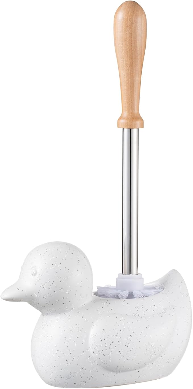 Modern Toilet Brush Set and Holder - Toilet Bowl Brush Ceramic Bathroom Accessories Set Decor Cleaner Brush Kit with Detachable Brush Head &amp Natural Wood Handle (Ivory White)