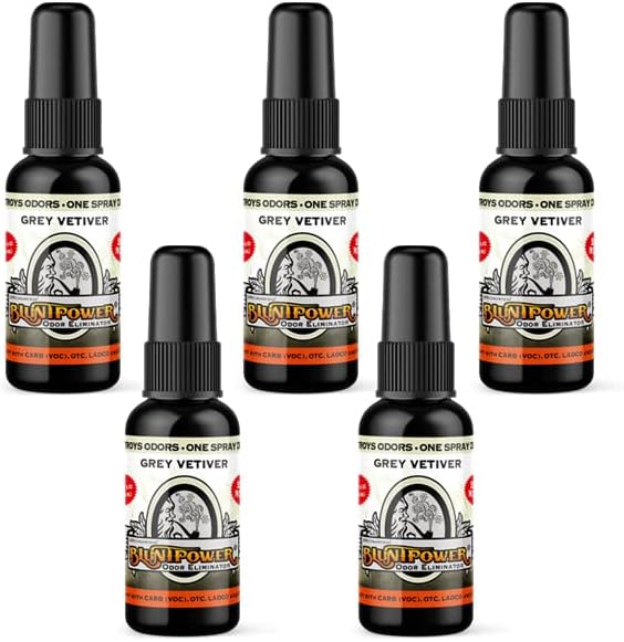 BluntPower (Grey Vetiver 5 Pack) Concentrated Odor Eliminator and Diffuser Oil - Room Deodorizer Odor Eliminator and Smoke Eliminator Spray - Premium Oil Based Air Freshener &amp Odor Eliminator S
